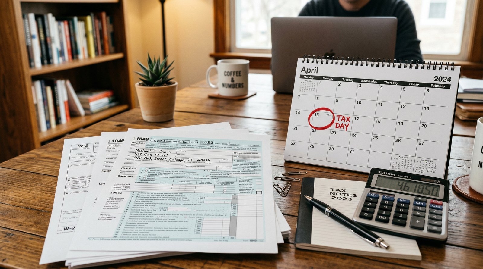 Tax preparation documents and April 15 deadline calendar on accountant desk in NYC
