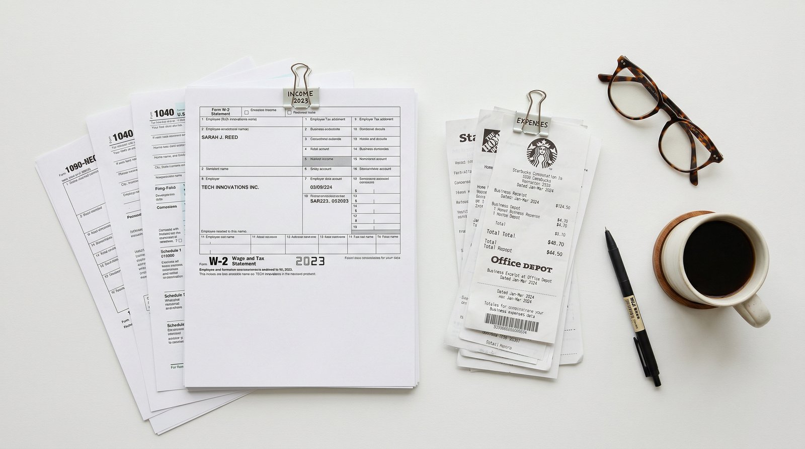 Organized tax documents including W-2 forms and receipts for tax preparation near me