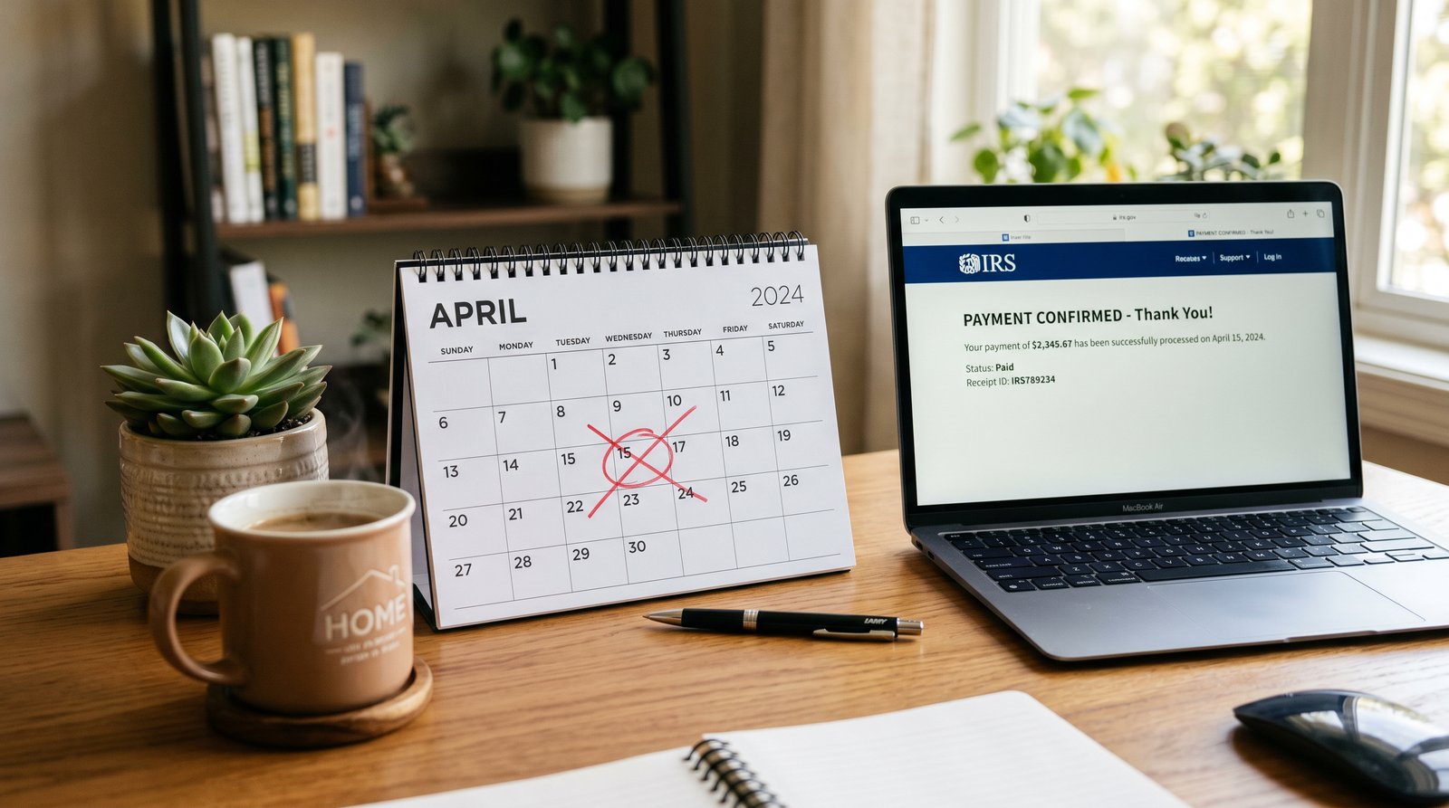 April calendar with April 15 crossed out and IRS payment confirmation on laptop