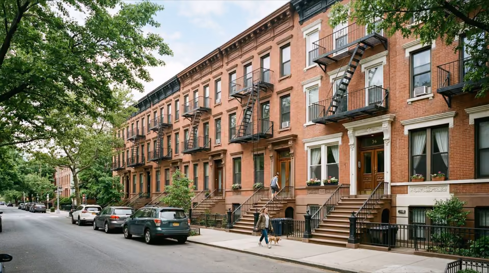 Row of brownstone rental properties in a New York neighborhood