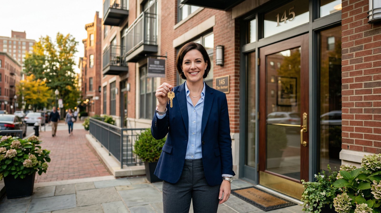 Real estate investor and landlord holding property keys in front of NYC apartment building