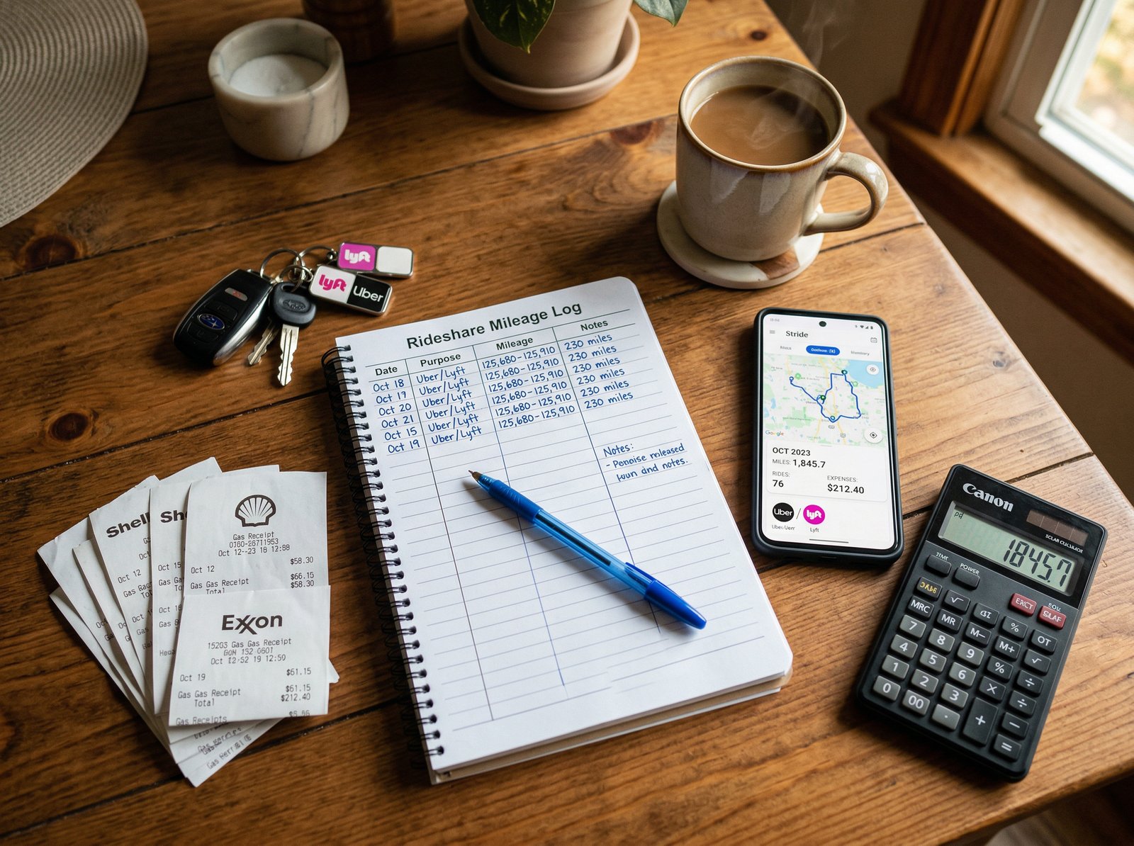 Rideshare driver mileage log with gas receipts, calculator, and tracking app
